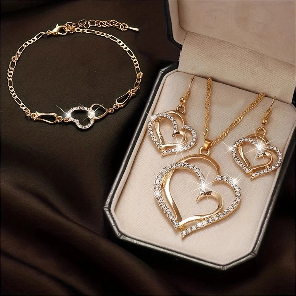1 set Vintage Shiny  Jewelry Set Wedding Dinner Wedding Dress Accessories Double Love Peach Heart Shape Earrings Necklace