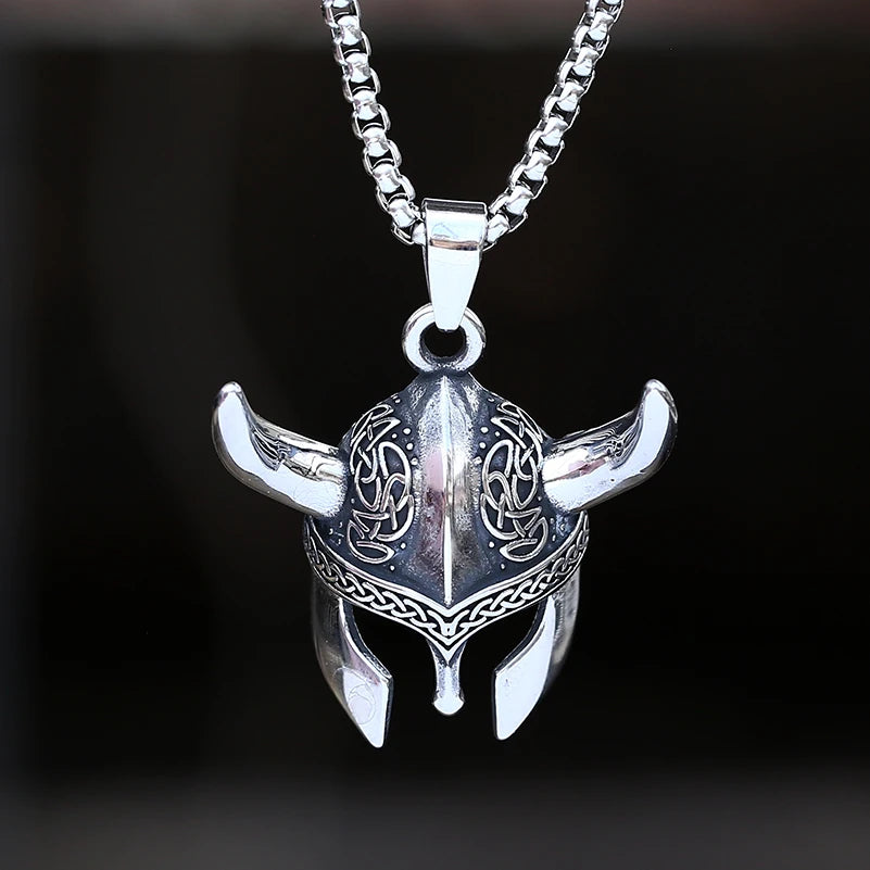 2023 New Stainless Steel Viking Runes Warrior Helmet Pendant Necklace for Men Rope Chain Retro Jewelry Trend Boyfriend Gift