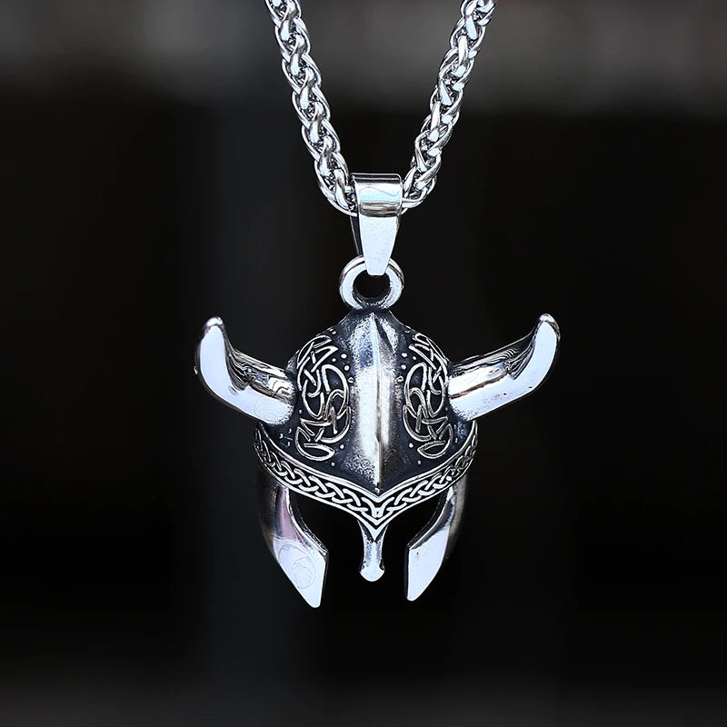 2023 New Stainless Steel Viking Runes Warrior Helmet Pendant Necklace for Men Rope Chain Retro Jewelry Trend Boyfriend Gift