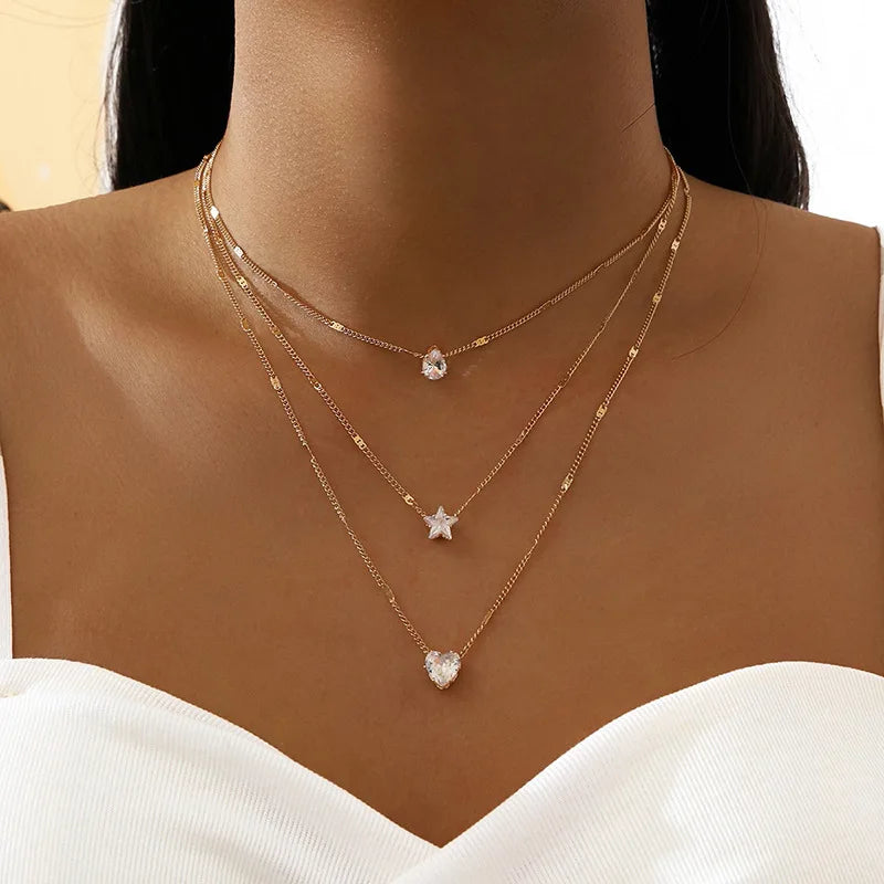 Crystal Zircon Heart Star Charm Layered Pendant Necklace Set for Women Charms  Square Rhinestone Female Vintage Jewelry
