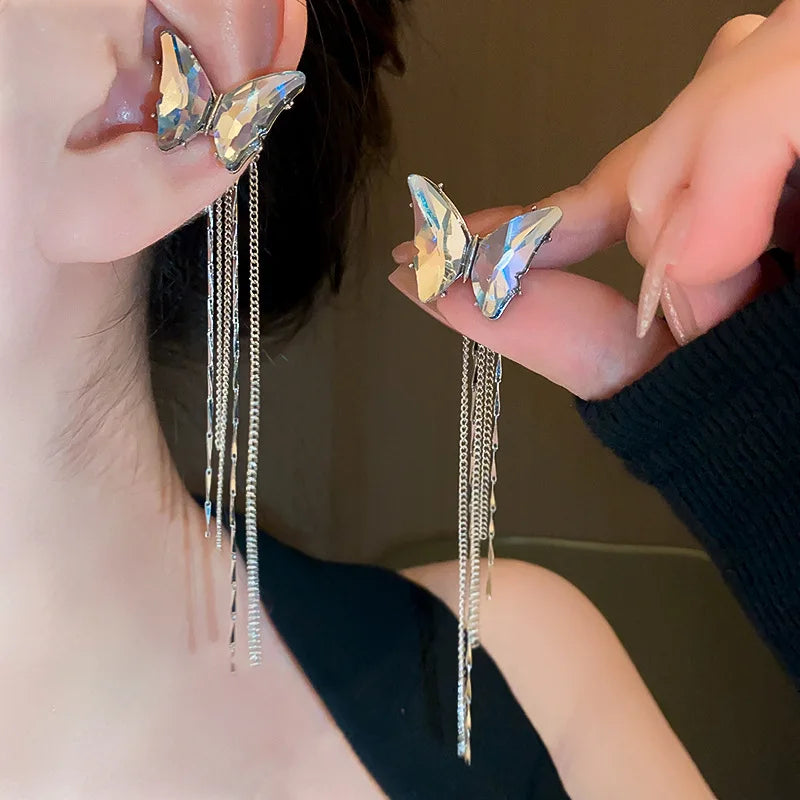 Design Crystal Butterfly Tassel Ear Clip Necklace Set Creativity Personality Female Snake Bone Chain Necklace Jewelry
