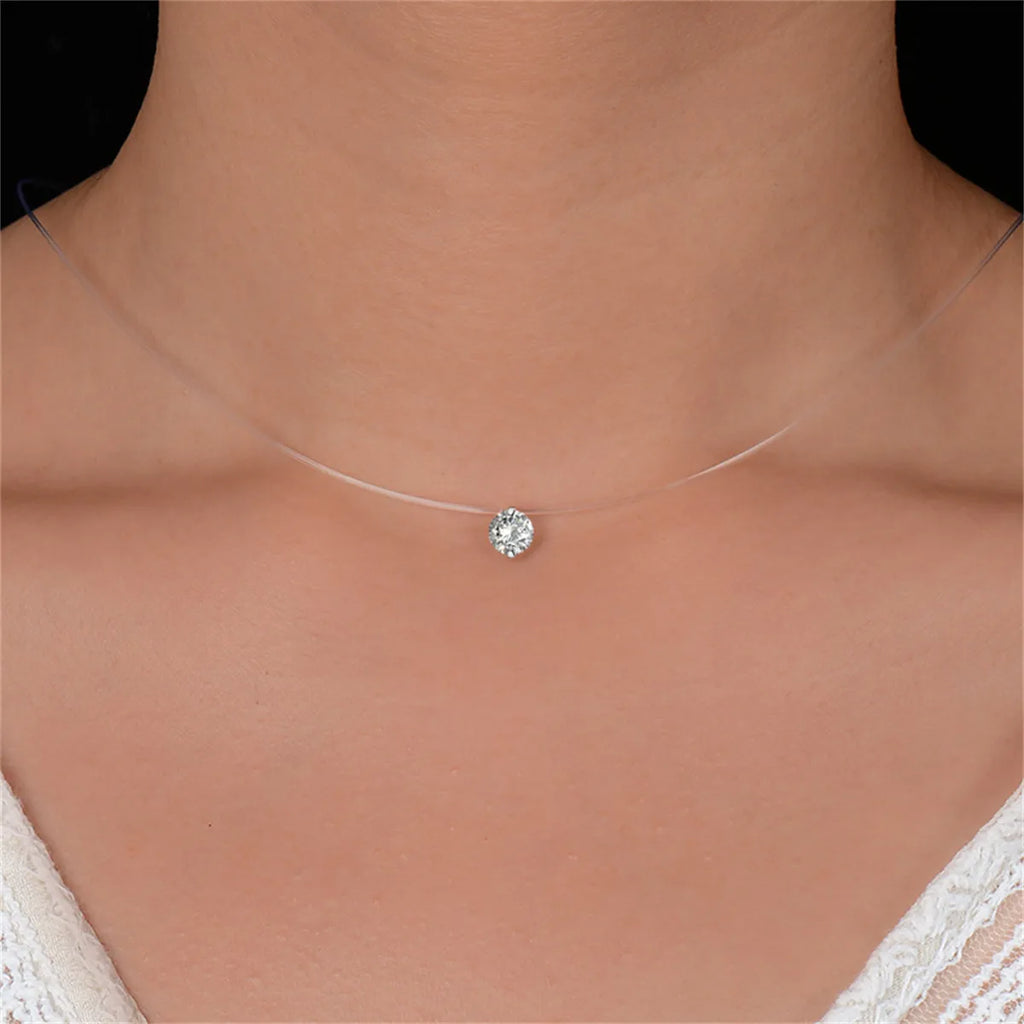 Shiny Crystal Necklace For Women Female Transparent Fishing Line Round Zircon Choker Minimalist Clavicle Chain Jewelry