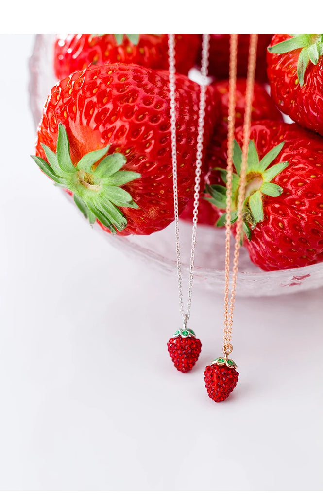 Modian Genuine 925 Sterling Silver 3D Strawberry Pendant Necklace for Women Crystal Chain Link Necklaces Fine Jewelry