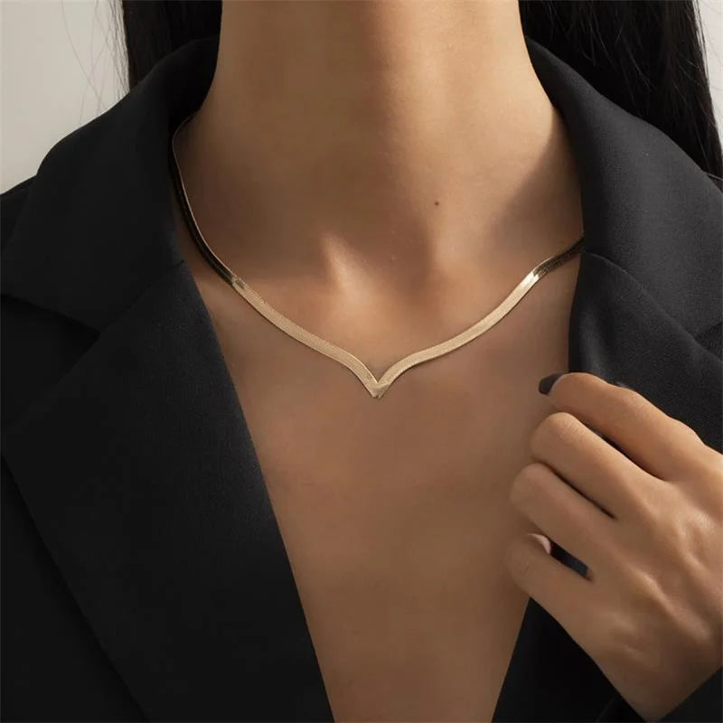 Korean  Flat Snake Chain Herringbone Necklace for Women Jewelry Charm Party Choker Necklace Party Gift Collares Para Muje