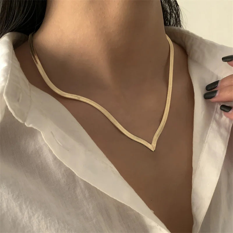 Korean  Flat Snake Chain Herringbone Necklace for Women Jewelry Charm Party Choker Necklace Party Gift Collares Para Muje