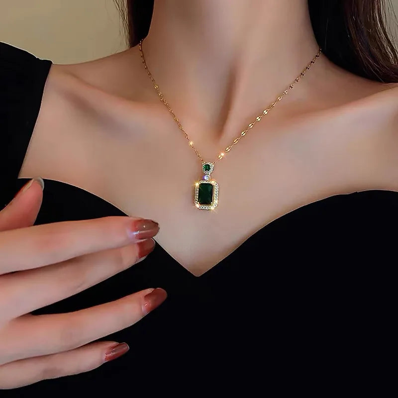Emerald Color Earring Necklace Rings Set For Woman Stainless Steel Zircon Rectangle Pendant Necklace Party Jewelry Gift