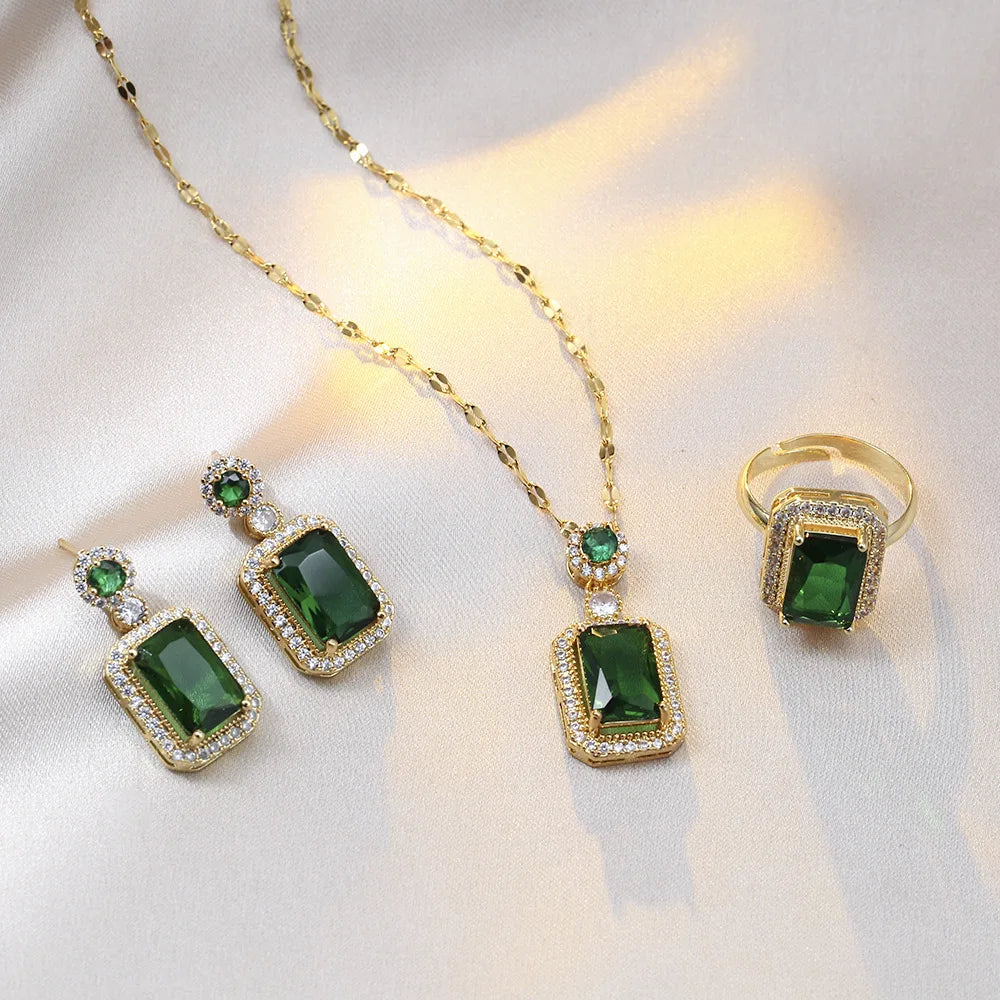 Emerald Color Earring Necklace Rings Set For Woman Stainless Steel Zircon Rectangle Pendant Necklace Party Jewelry Gift
