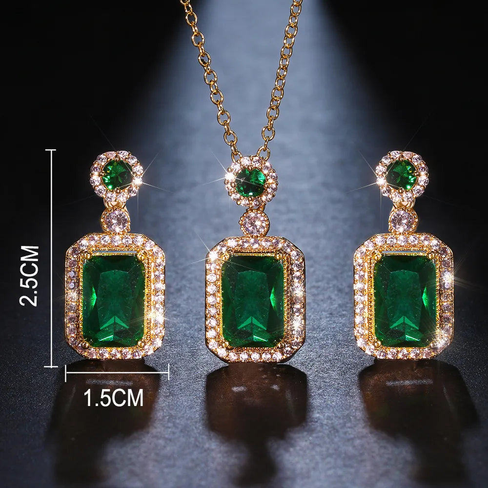 Emerald Color Earring Necklace Rings Set For Woman Stainless Steel Zircon Rectangle Pendant Necklace Party Jewelry Gift