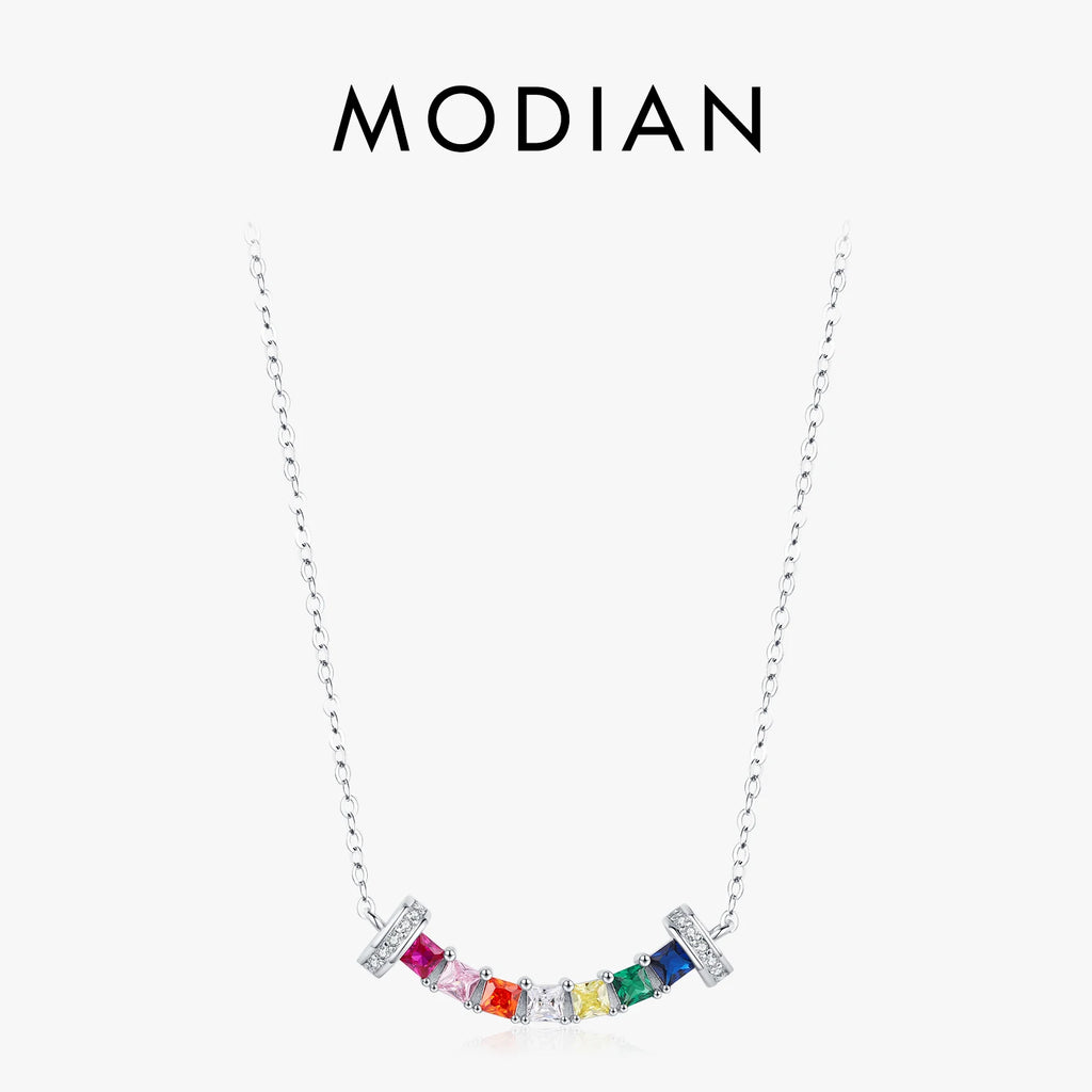 MODIAN 925 Sterling Silver Smile Square Rainbow Colorful Zirconia Pendant Necklace Neck Chain For Women Fine Jewelry