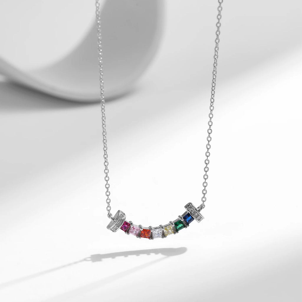 MODIAN 925 Sterling Silver Smile Square Rainbow Colorful Zirconia Pendant Necklace Neck Chain For Women Fine Jewelry