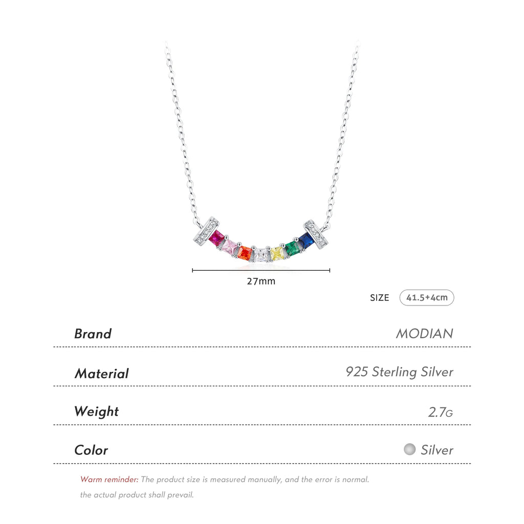 MODIAN 925 Sterling Silver Smile Square Rainbow Colorful Zirconia Pendant Necklace Neck Chain For Women Fine Jewelry