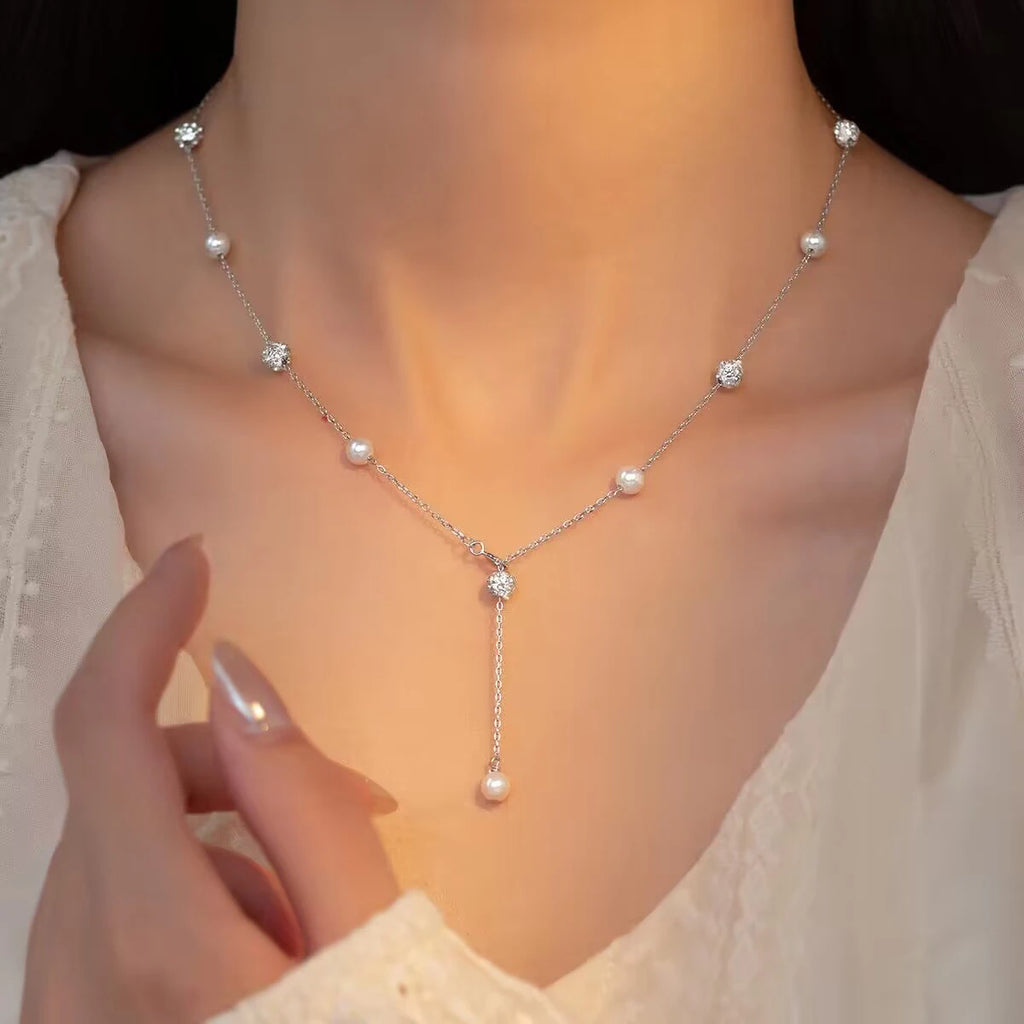 MODIAN 925 Sterling Silver Zircon Beads &Pearl Chain Necklaces Pendant For Women Fine Jewelry  Valentine’s Day Gifts