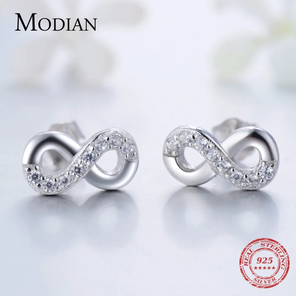 Modian Solid 925 Sterling Silver Jewelry Set Clear CZ Infinite Love Ring Classic Stud Earrings Necklace Chain