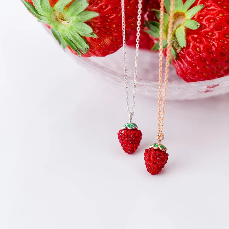 Modian Genuine 925 Sterling Silver 3D Strawberry Pendant Necklace for Women Crystal Chain Link Necklaces Fine Jewelry