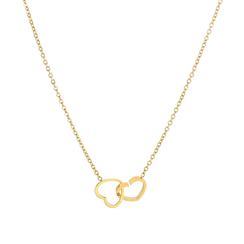 OIMG 316L Stainless Steel Not Fade Simple  Double Heart Interlocking Pendant Necklace For Women Girl Eternal Love Jewelry