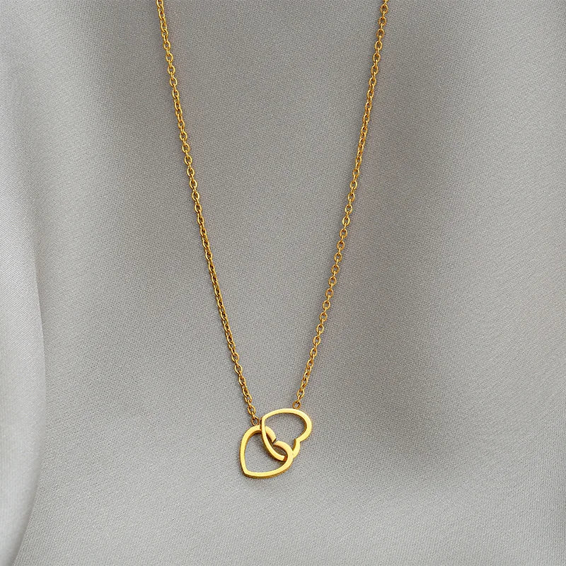 OIMG 316L Stainless Steel Not Fade Simple  Double Heart Interlocking Pendant Necklace For Women Girl Eternal Love Jewelry