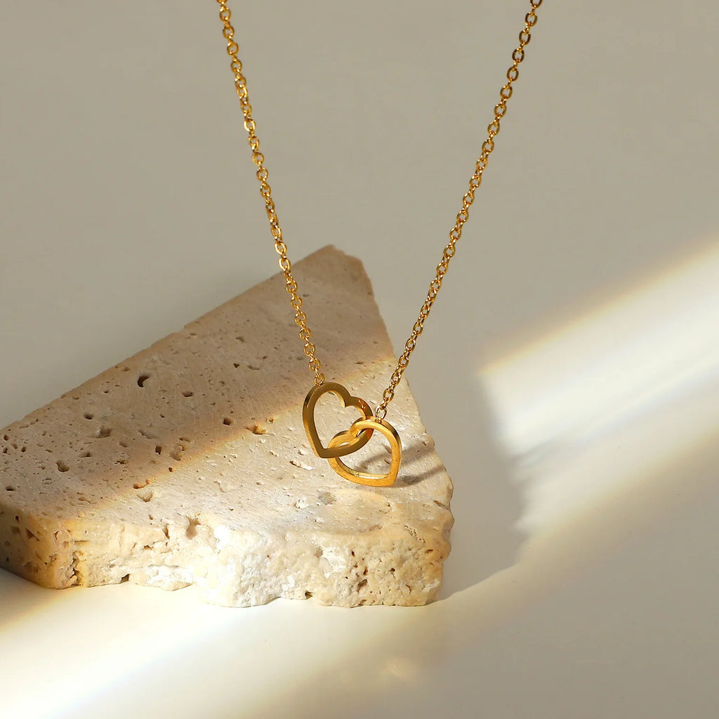 OIMG 316L Stainless Steel Not Fade Simple  Double Heart Interlocking Pendant Necklace For Women Girl Eternal Love Jewelry