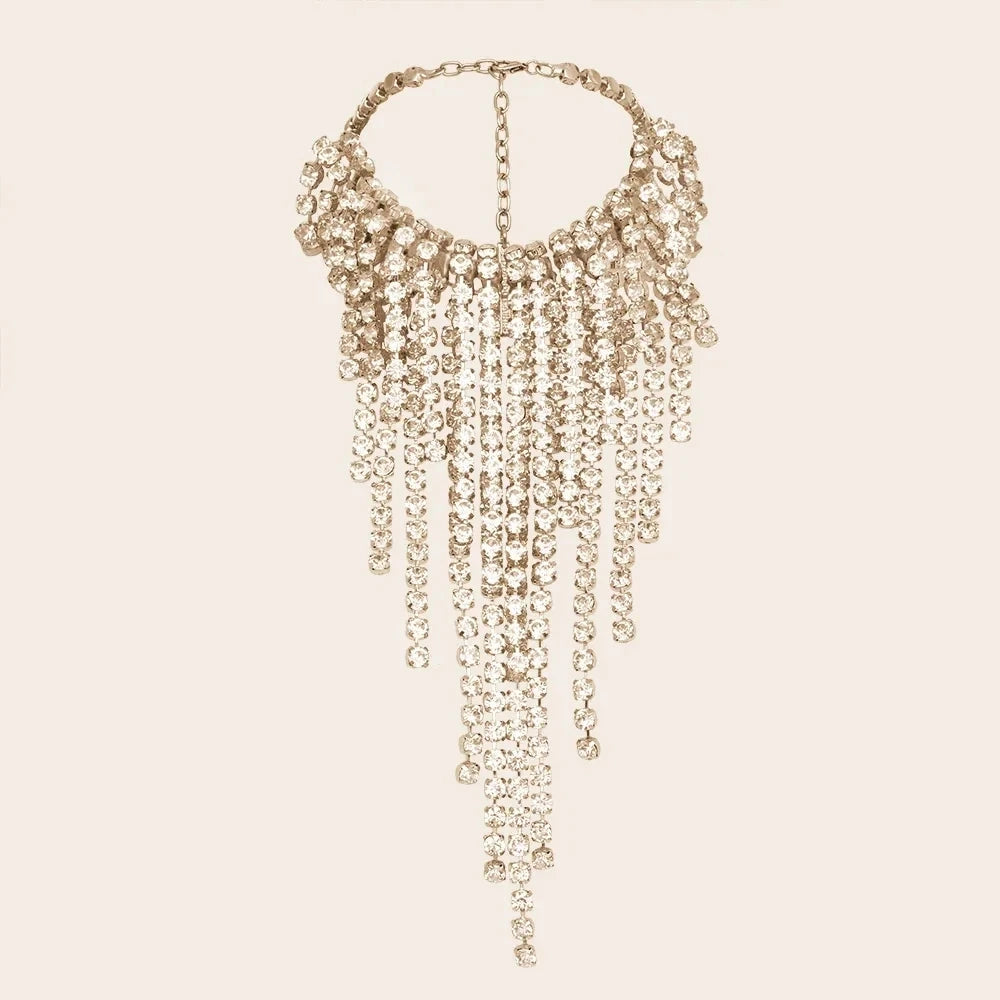 Personality Rhinestone Chunky Choker Necklace for Women Crystal Exaggerated Tassel Choker Chain Luxury Fringe Accessories Gift