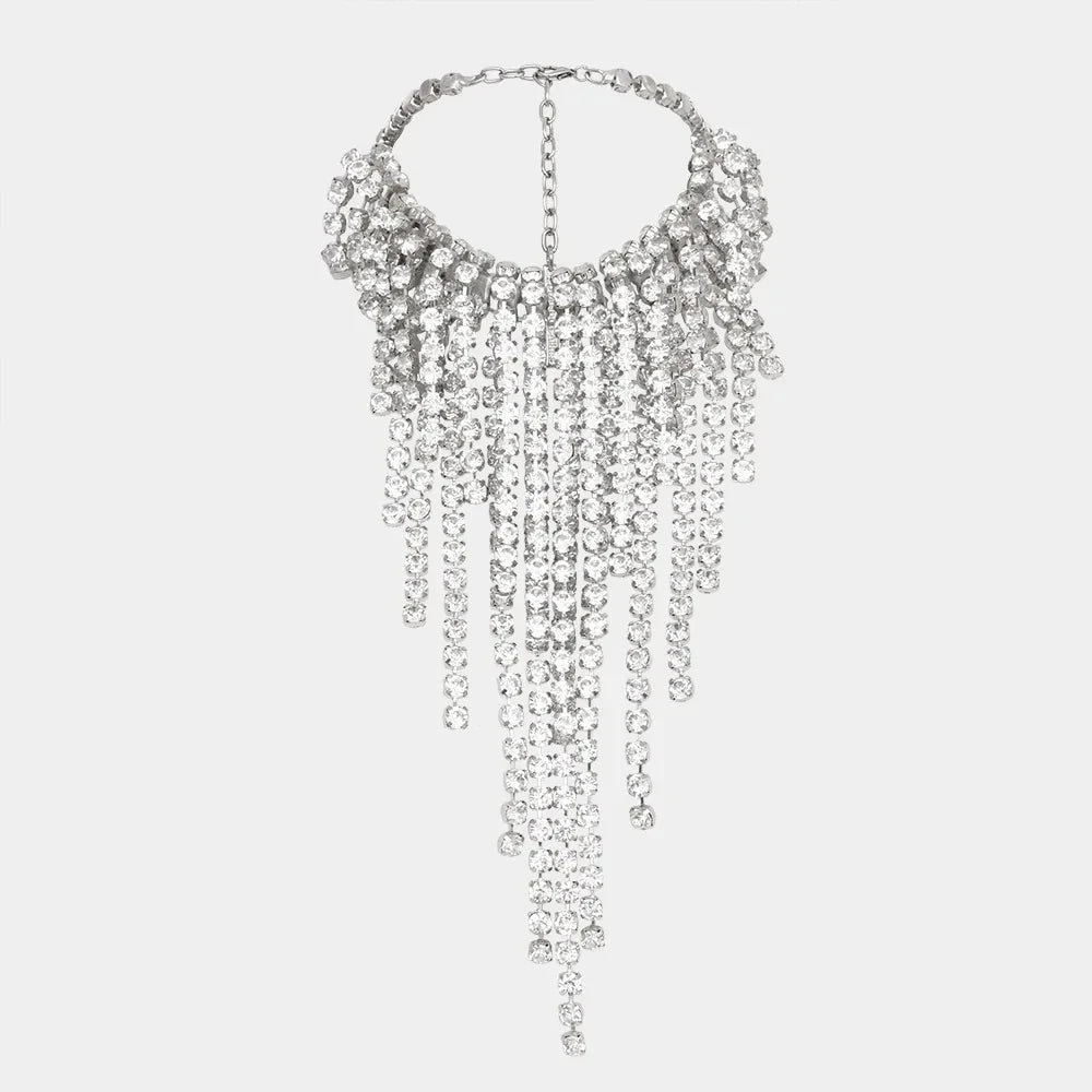 Personality Rhinestone Chunky Choker Necklace for Women Crystal Exaggerated Tassel Choker Chain Luxury Fringe Accessories Gift