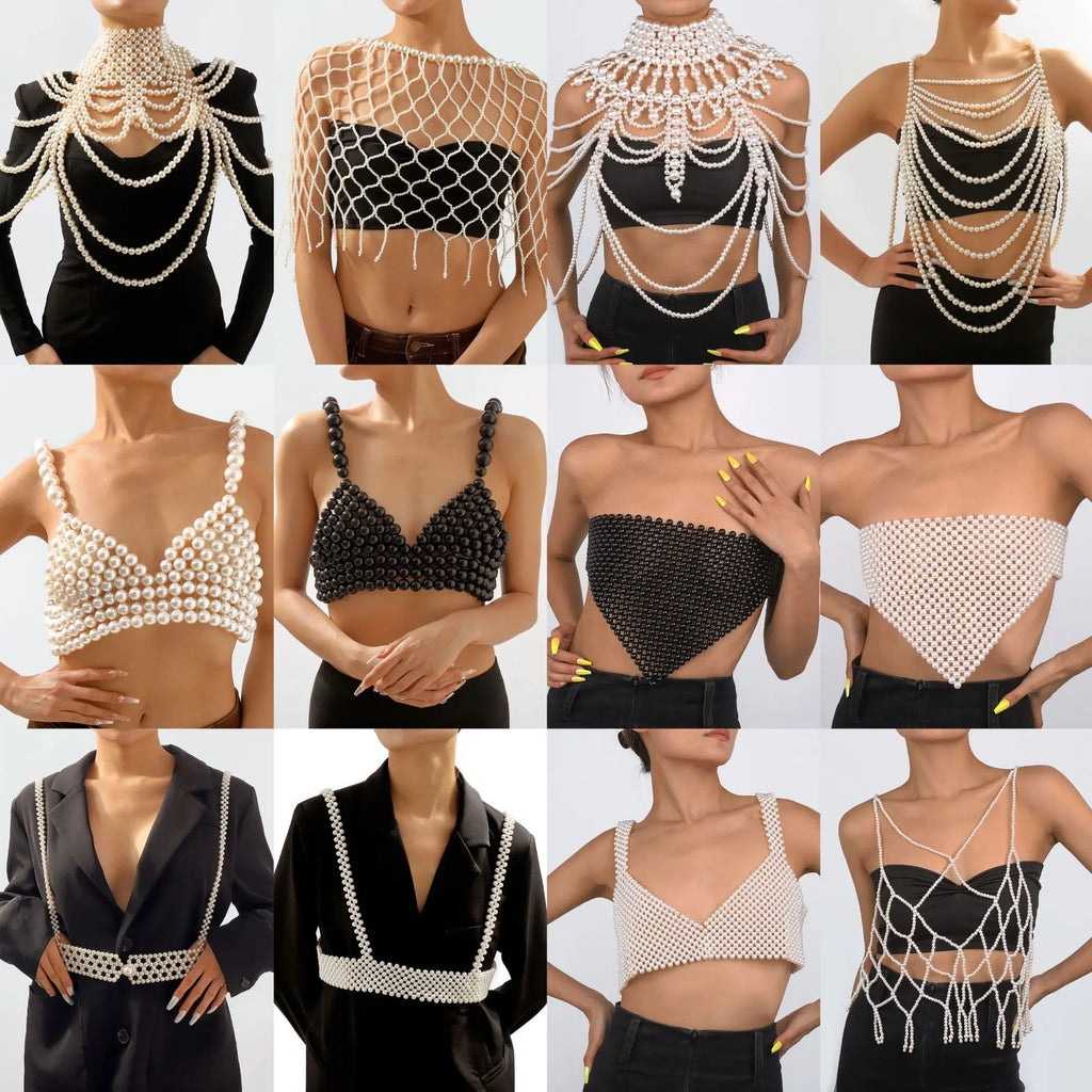 Retro Imitation Pearl Shoulder Bra Chain Bikini Top Shawls for Women F Retro Imitation Pearl Shoulder Bra Chain Bikini Top Shawls for Women F