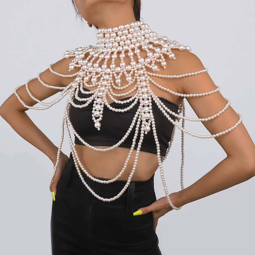 Retro Imitation Pearl Shoulder Bra Chain Bikini Top Shawls for Women F Retro Imitation Pearl Shoulder Bra Chain Bikini Top Shawls for Women F