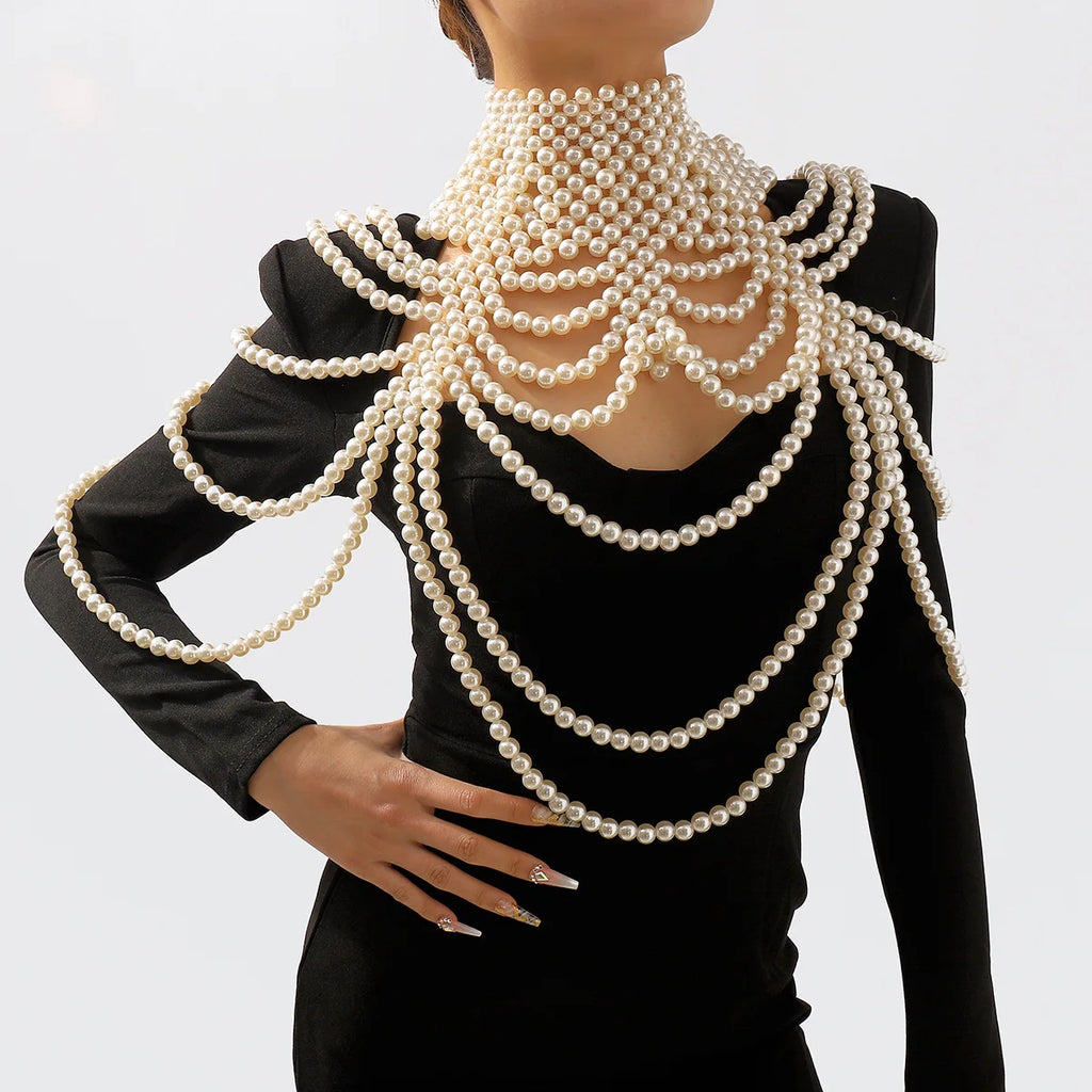 Retro Imitation Pearl Shoulder Bra Chain Bikini Top Shawls for Women F Retro Imitation Pearl Shoulder Bra Chain Bikini Top Shawls for Women F