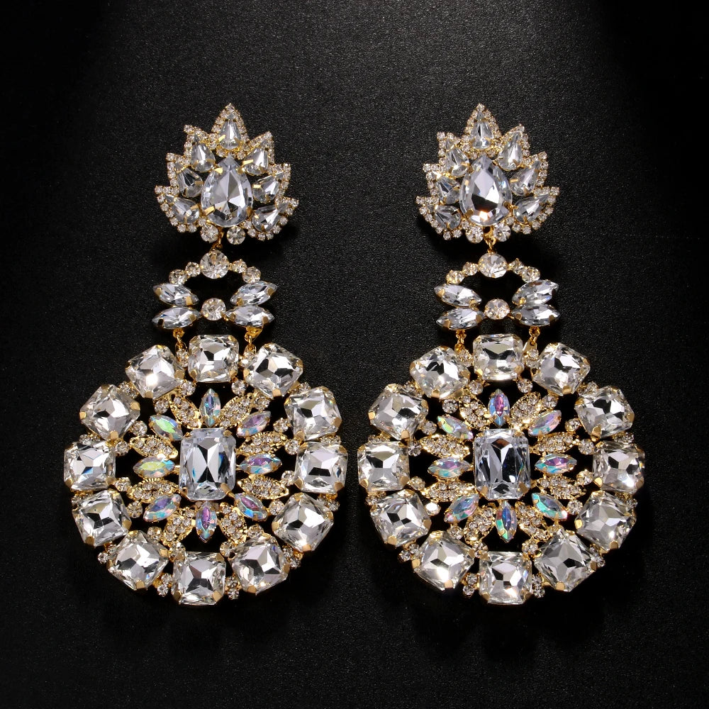 Luxury Round Drag Queen Dangle Earrings Exaggerated Pendant Women Bridal Jewelry 2024 Trend Crystal Hanging Earrings Prom Gift