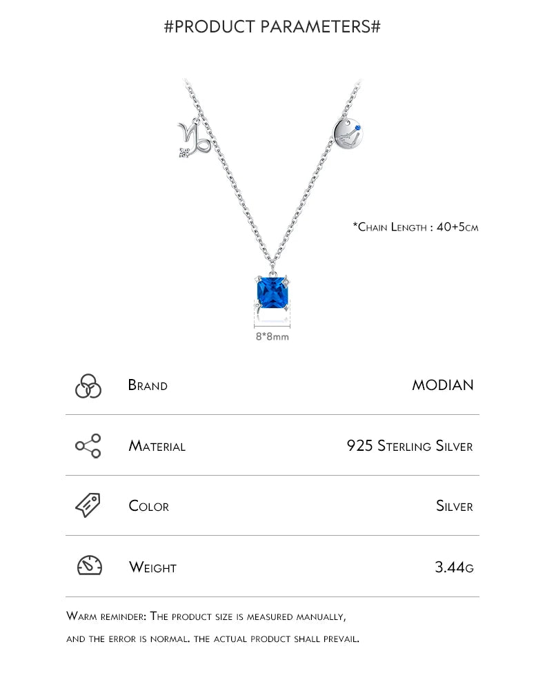 Modian 925 Sterling Silver Square Blue Zircon Capricornus Necklace Pendant Charm Birthstone Fine Jewelry For Women Gift