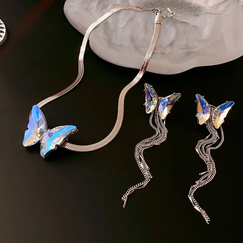 Design Crystal Butterfly Tassel Ear Clip Necklace Set Creativity Personality Female Snake Bone Chain Necklace Jewelry