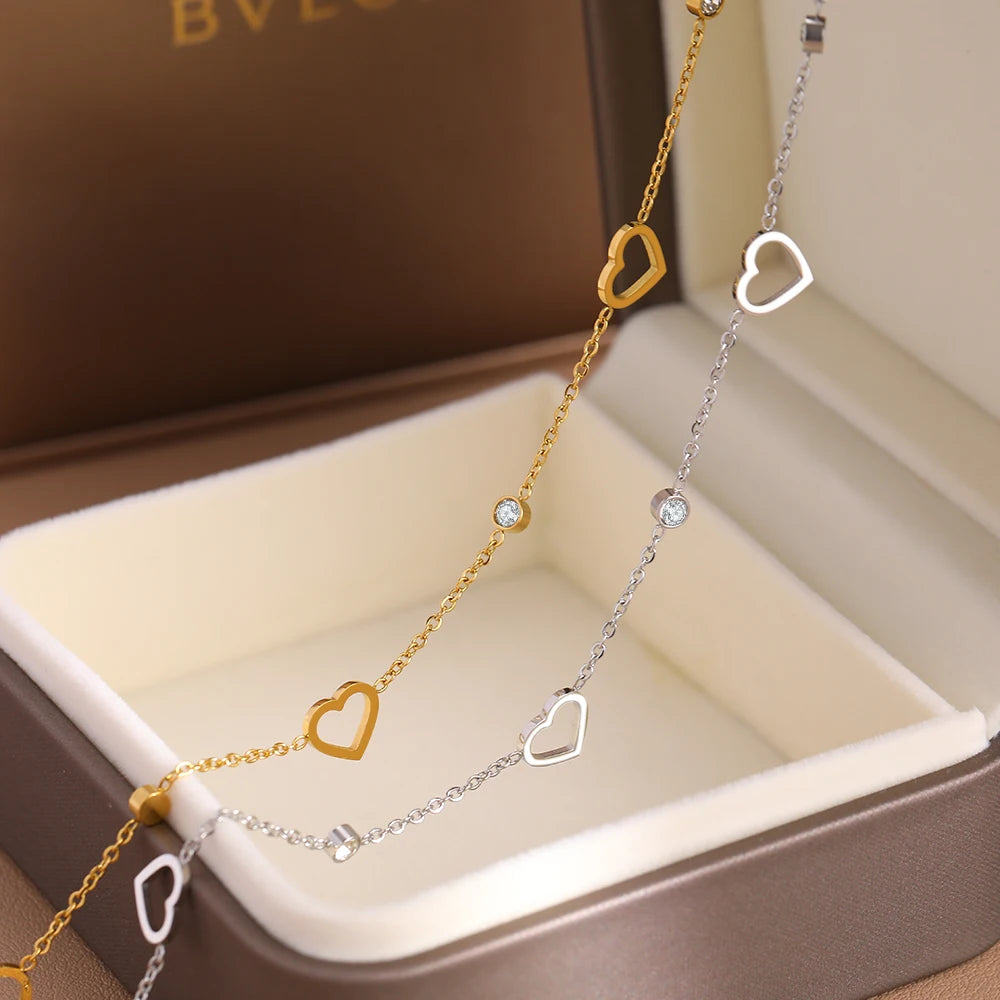 Stainless Steel Necklaces Elegant Hollow Heart Light   Crystal Zircon Choker Chain Creative Necklace For Women Jewelry New
