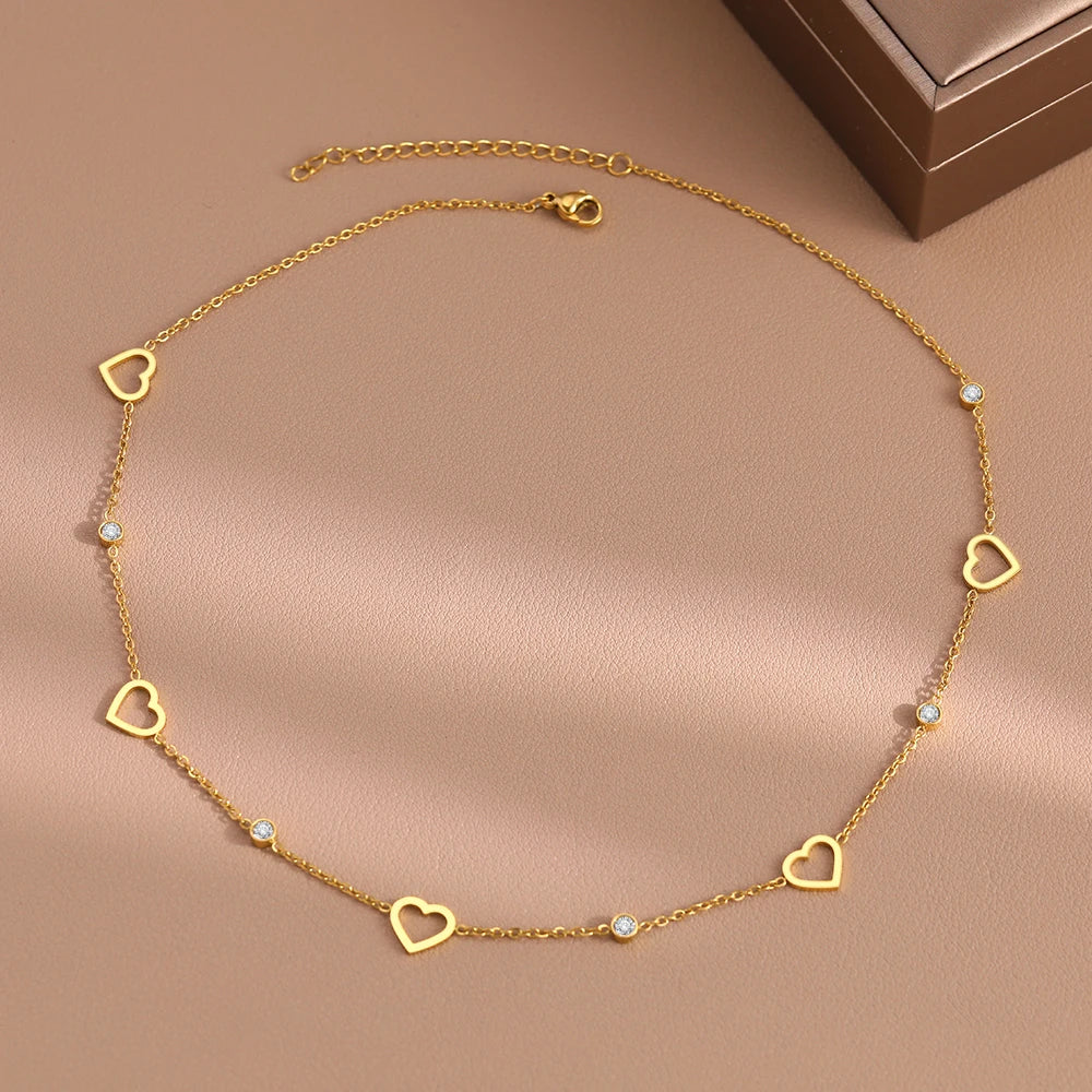 Stainless Steel Necklaces Elegant Hollow Heart Light   Crystal Zircon Choker Chain Creative Necklace For Women Jewelry New