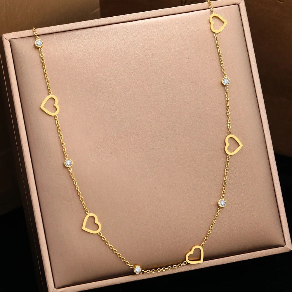 Stainless Steel Necklaces Elegant Hollow Heart Light   Crystal Zircon Choker Chain Creative Necklace For Women Jewelry New
