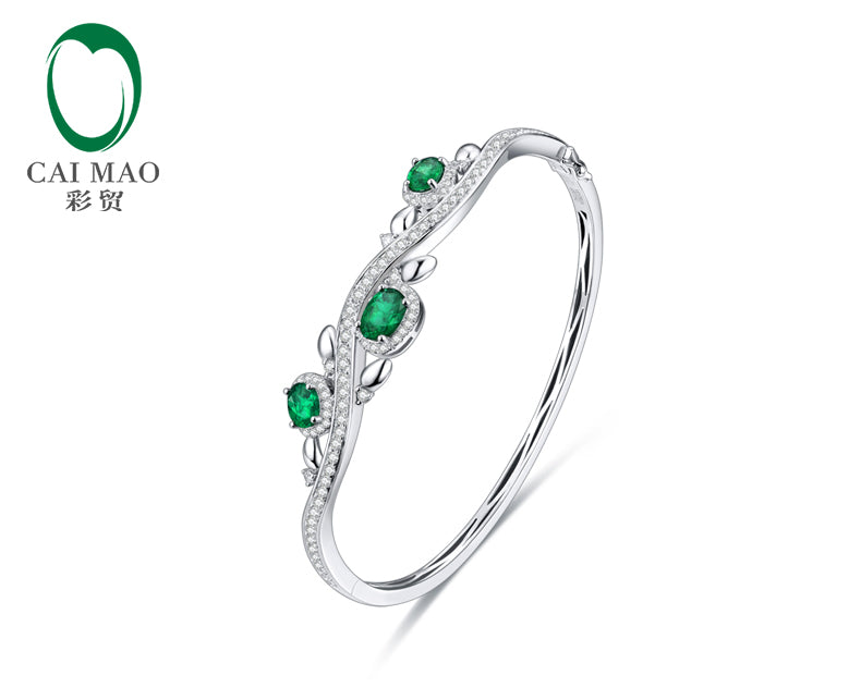 1.28ctw Oval Natural Emerald Pave Diamond 18K/Au750 White Gold Gem Bracelet Jewelry