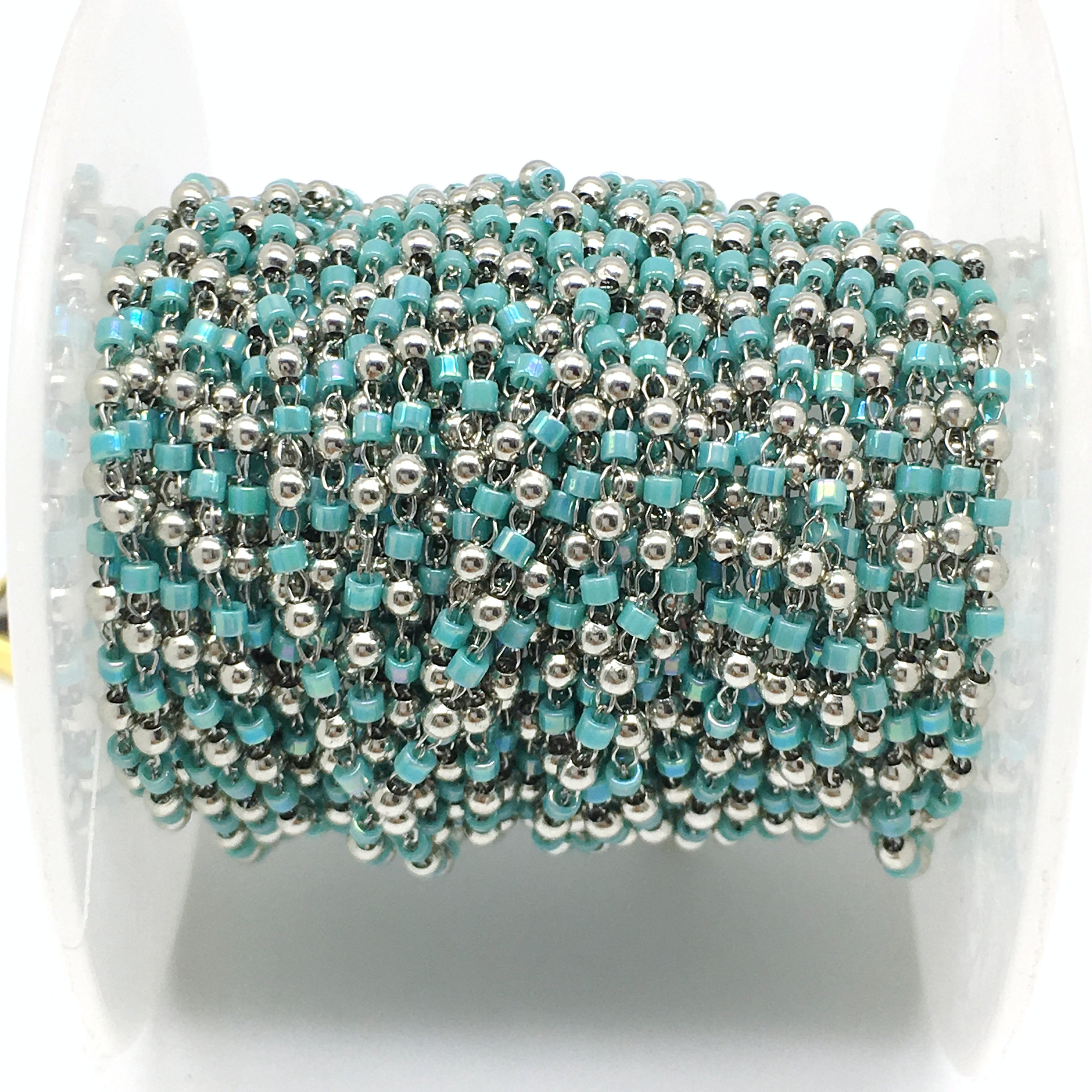 1.2x1.5mm Seed Bead&2mm Silvers Brass Bead Rosary Chains DIY Necklace, Rhodium Wire Wrapped Chain Finding Jewelry Tools&Equipmen