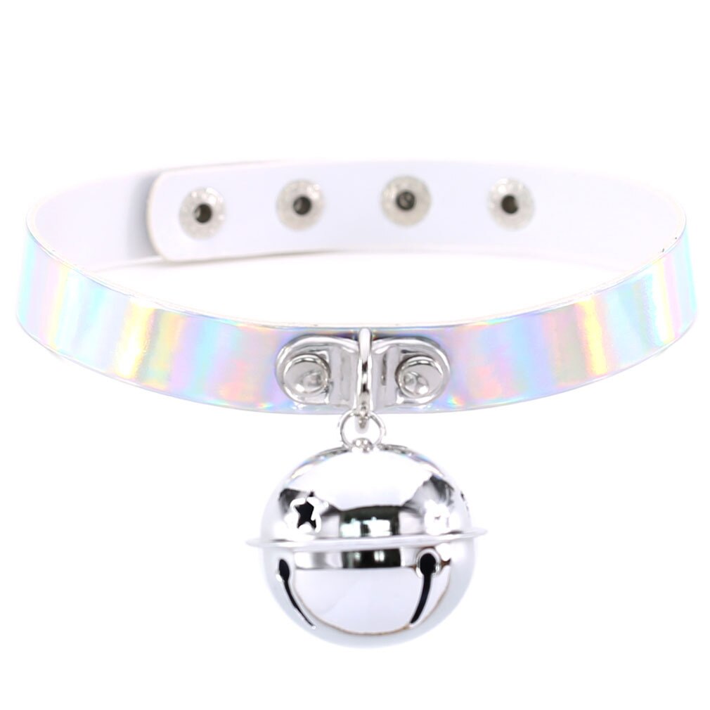 1.6cm Reflective Holographic Adjustable Choker Bell Pendant Handmade Metal Laser Collar Punk Gothic Necklace for Women Gift