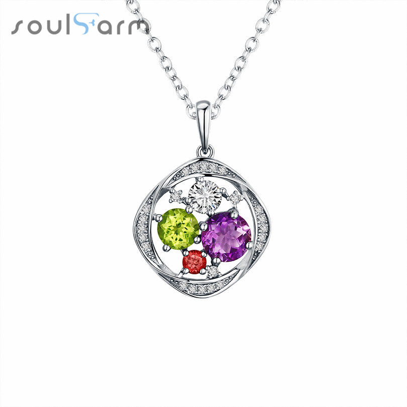 1.75ct Colorful Natural Gemstone Silver Necklace Hollow Round Pendant Necklace Rhodium Plated Sterling-Silver-Jewelry For Women