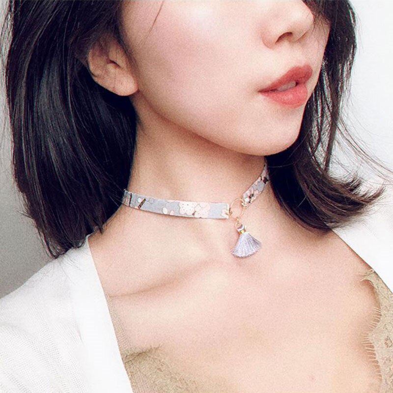 1 PC Japanese Style Choker Necklace Fabric Sakura Flower Rabbit Fox Cat Crane Enamel Classical Necklaces Jewelry Gift 30cm Long
