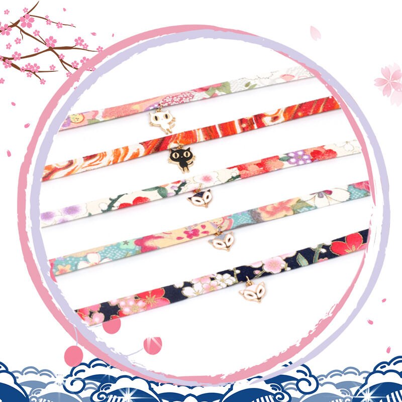1 PC Japanese Style Choker Necklace Fabric Sakura Flower Rabbit Fox Cat Crane Enamel Classical Necklaces Jewelry Gift 30cm Long