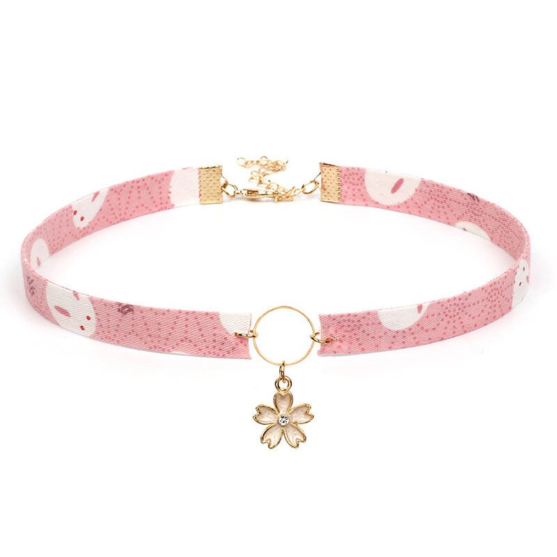 1 PC Japanese Style Choker Necklace Fabric Sakura Flower Rabbit Fox Cat Crane Enamel Classical Necklaces Jewelry Gift 30cm Long