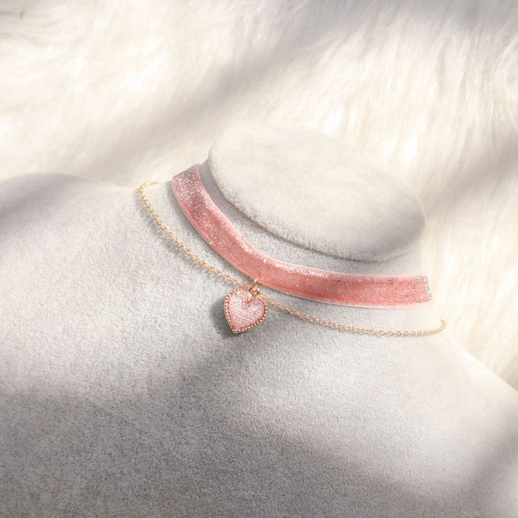 1 PC Velvet Heart Choker Necklace Layer Hearts Pendants Chockers Vintage Women Jewelry Short Chain Necklace Peach Pink 30cm long