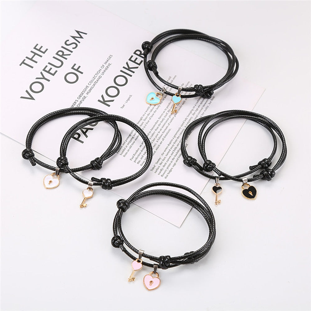 1 Pair   Couple Bracelet Alloy Key Heart Lock Charm Bracelet Handmade Jewelry Rope Bracelet Lovers Gifts For Women