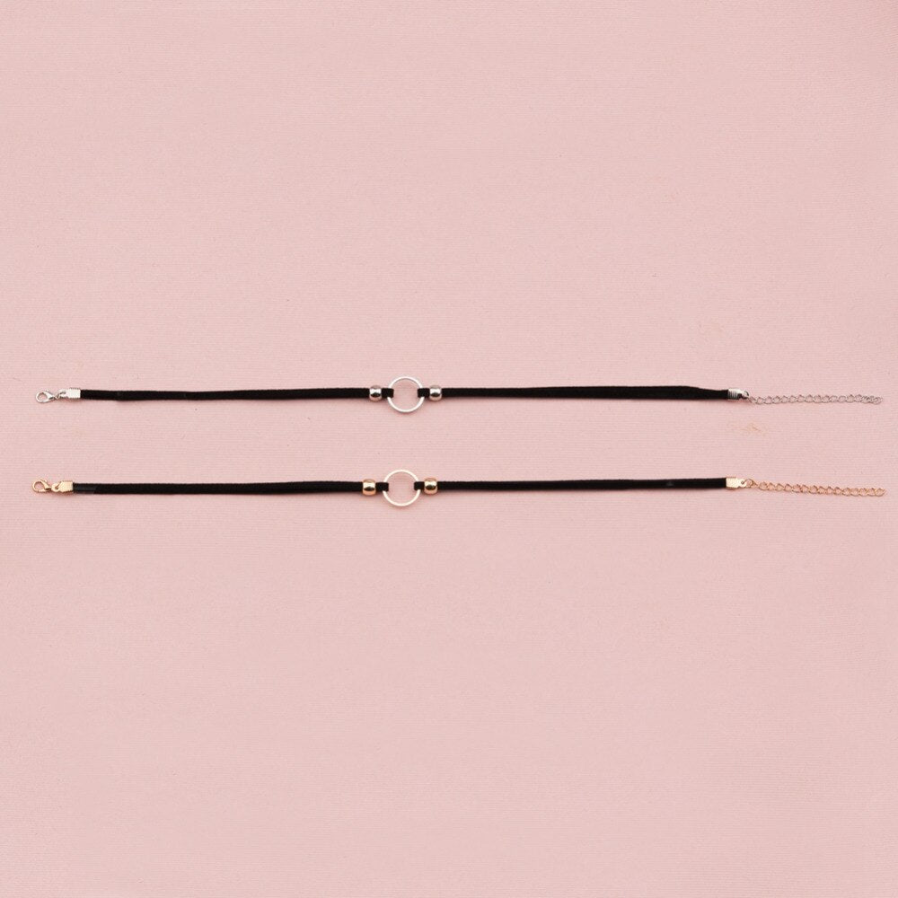 1 Piece Cool Simple Black Color Velvet Choker Necklace Set Satin Gold Color Metal Round Adjustable Size Women Jewelry