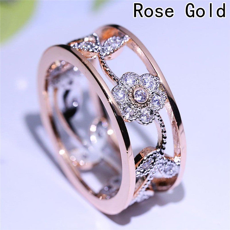 1 Piece!!! New Style Flower Leaf Hollow Design Crystal Rose Gold Rhinestone Ring For Women & Girl