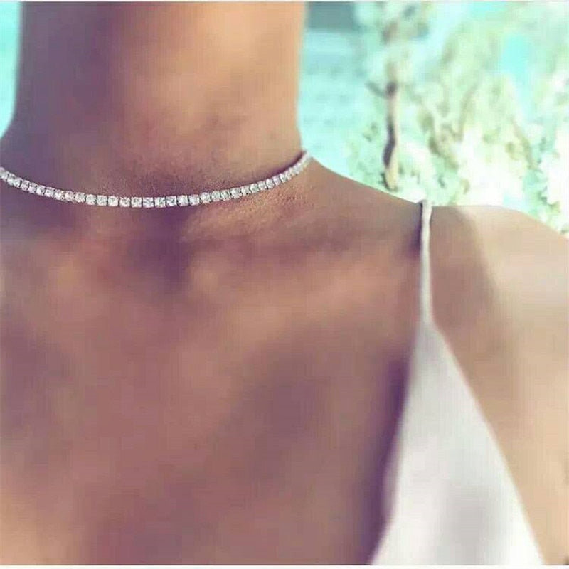 1 Row Rhinestone Tennis Chain Choker Necklace for Women Shine Silver Color Clavicle Neck Accessories Wedding Hip Hop Jewelry