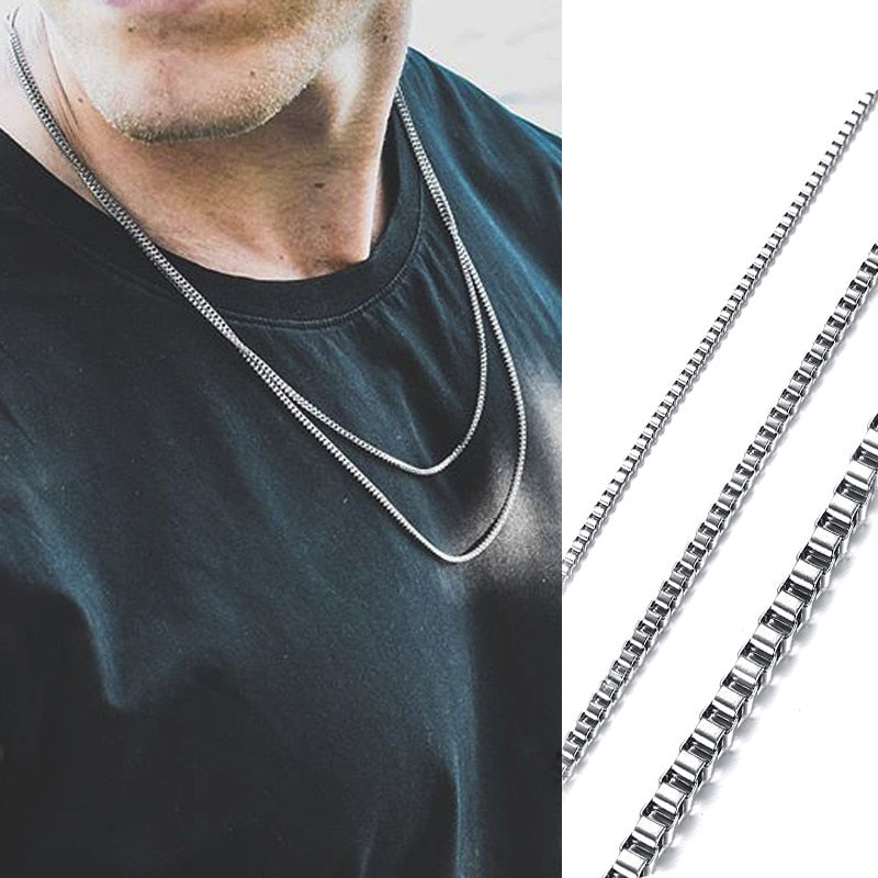 1 TO 3MM THICK STAINLESS STEEL BOX CHAIN NECKLACE FOR MEN JEWELRY LINK CHOKER WITHI 18 TO 24 INCH