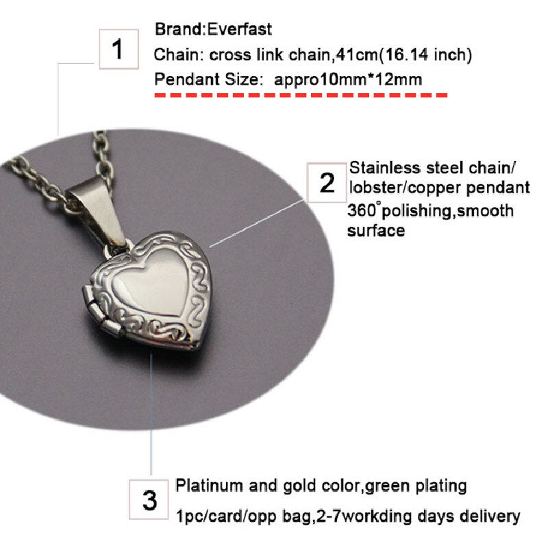 1 corazón marco de fotos con forma colgante, collar, amor colgante de corazón de acero inoxidable medallón collar de las mujeres de los hombres de moda joyas de la Memorial