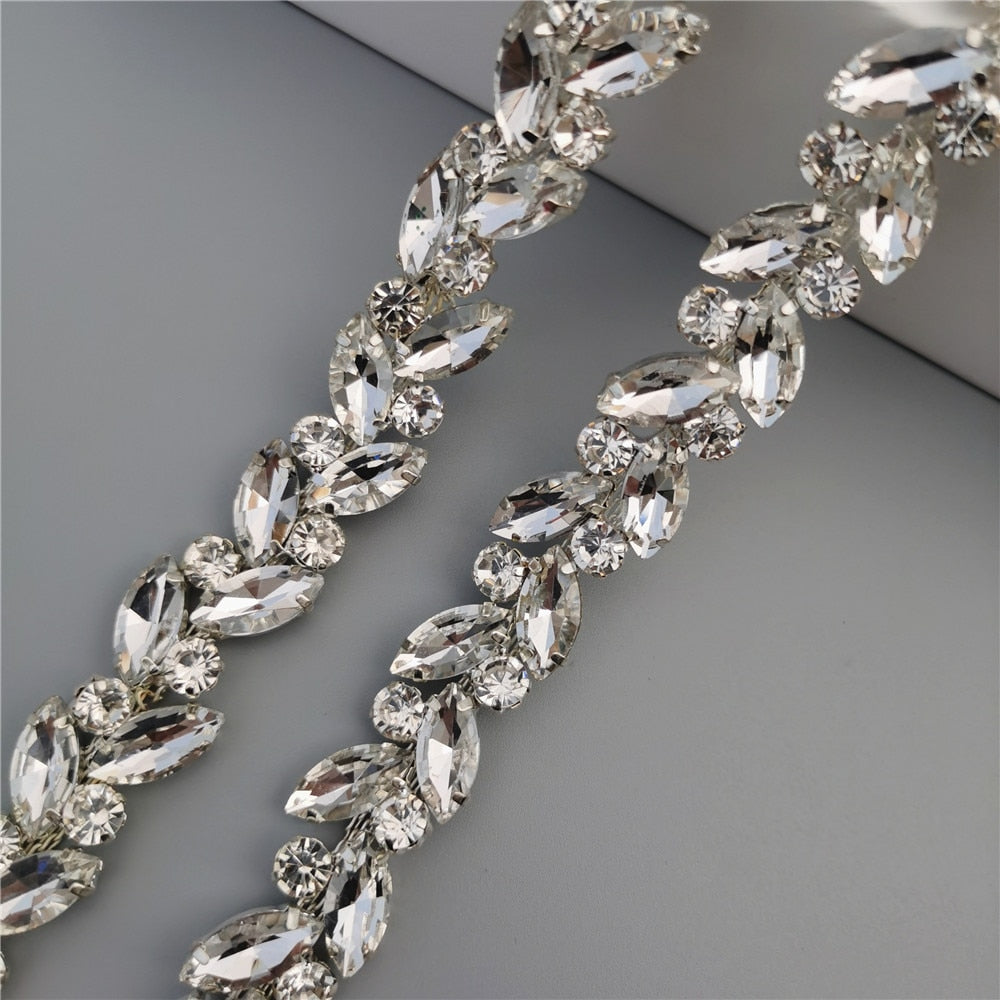 1 feet Leaf Silver Glass Crystal Chain Bling Rhinestone Trim Metal Ribbon Necklace Decoration Wedding Dress Clothing Accessories