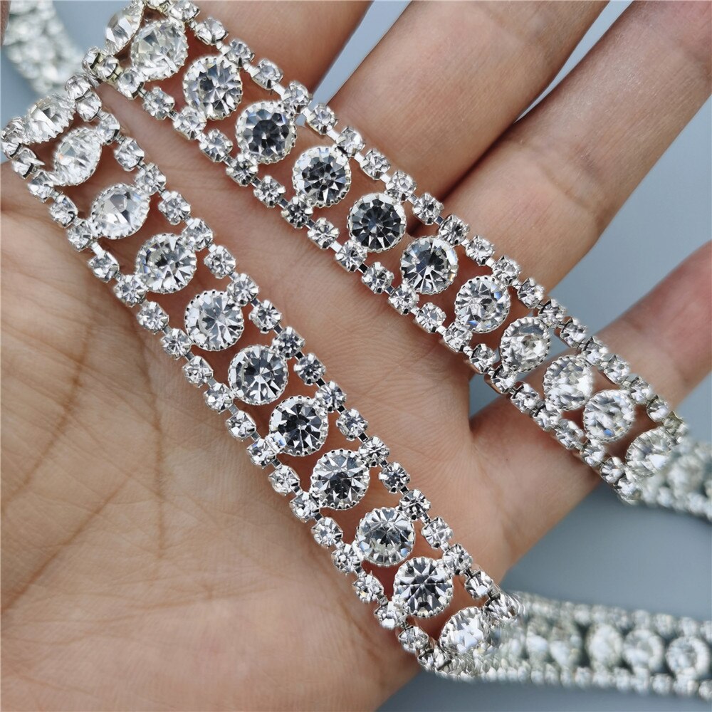 1 feet Rhinestone Crystal Chain Bling Diamante Lace Diamond Trim Ribbon Necklace Applique Gem Sparkle Wedding Dress 0.47" Width