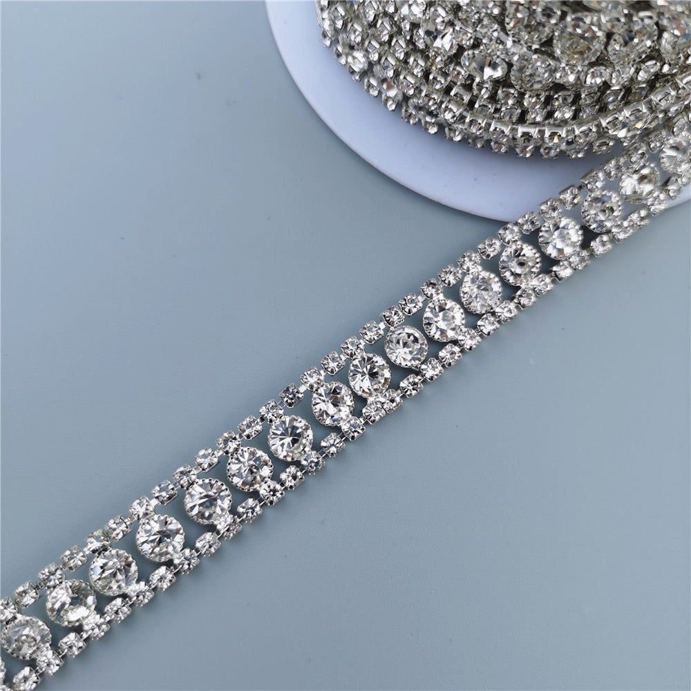 1 feet Rhinestone Crystal Chain Bling Diamante Lace Diamond Trim Ribbon Necklace Applique Gem Sparkle Wedding Dress 0.47" Width