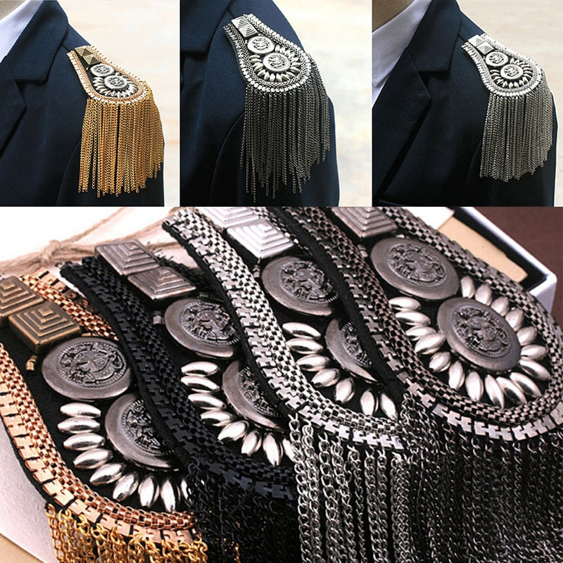 1 pair Unisex Punk Fringe Shoulder Board Badge Glitter Rhinestone Tassels Chain Epaulet Women Men Suit Accessories